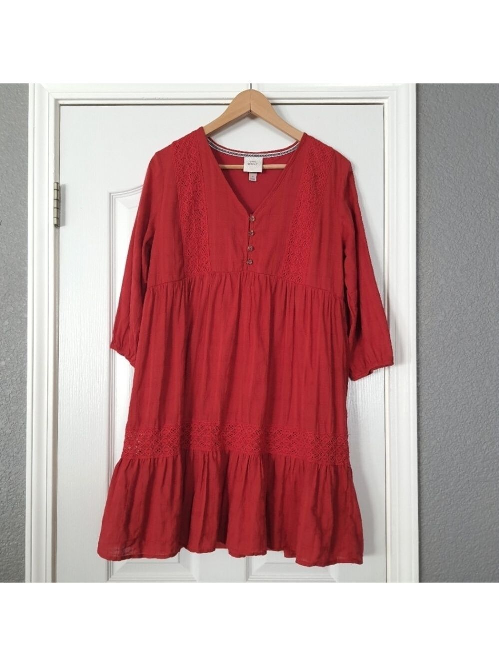 🇺🇸 Knox Rose Babydoll Dress S Red Boho Peasant Button Front 3/4 Sleeves Lace